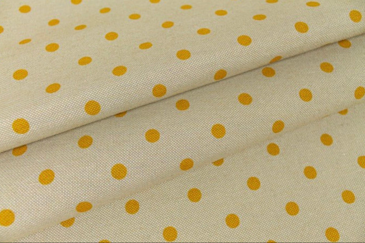 Tela Panamá algodón · fondo beige con lunares amarillos · 13 × 1,40 m