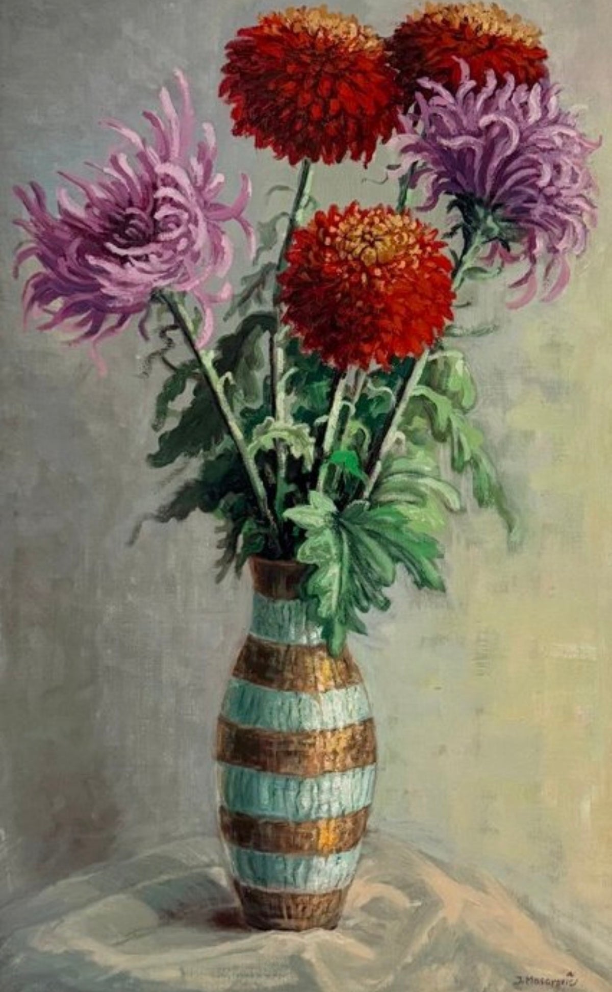 Óleo original Jozef Masarovič «Still Life with Flowers» · firmado · enmarcado 88×58 cm