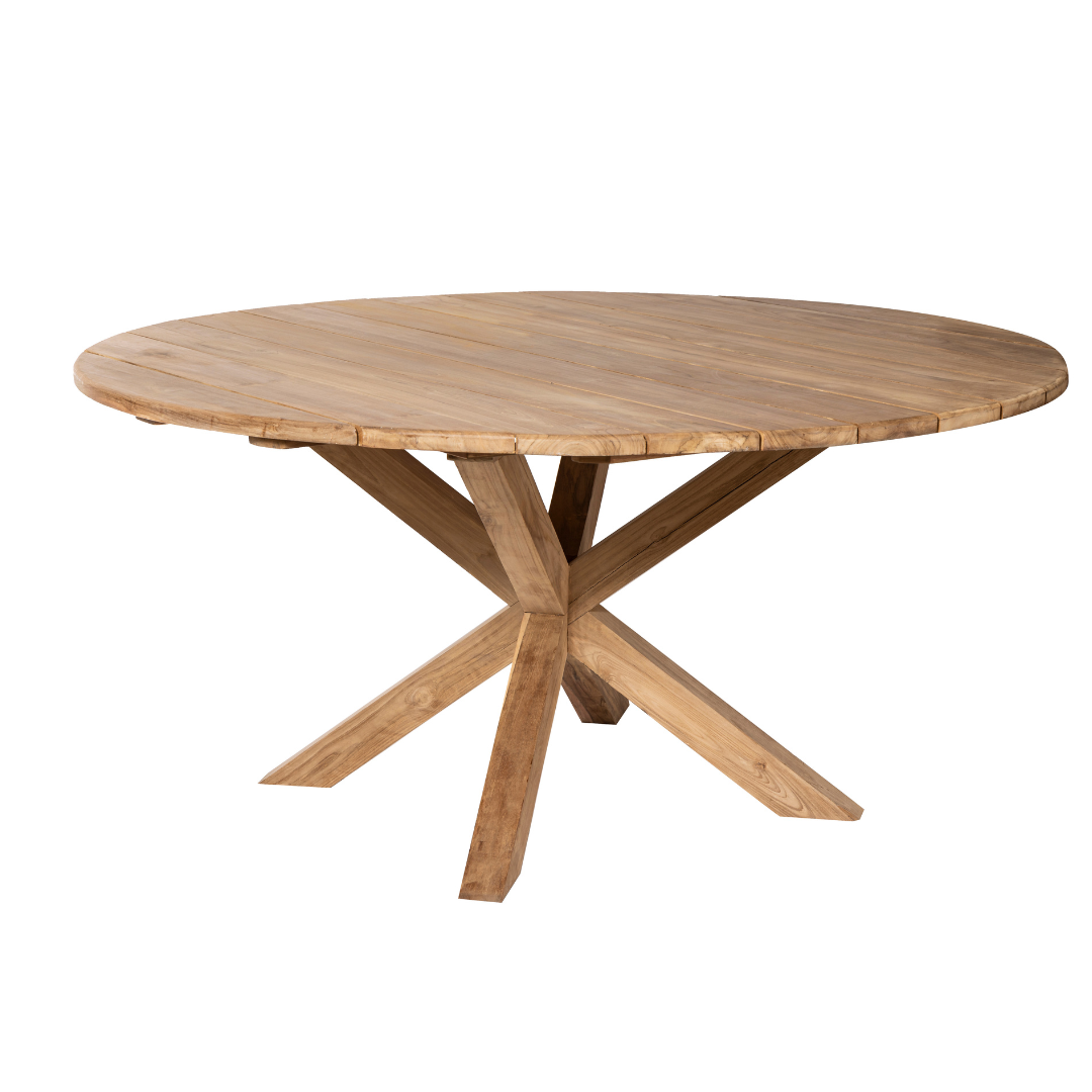 Mesa de comedor redonda de madera con base en cruz Corfu